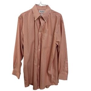 Brooks Brothers NonIron Button Down Shirt Men 17 32/33 Orange Stripe Cotton